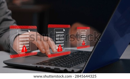 Cybersecurity, data protection. Document hack alert warning, , and online threats in modern communication systems 