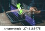 Cybersecurity and data protection encrypted code interface and security shield icon, Network protection, Privacy compliance, firewall defense, cyber threat prevention, and digital risk management.