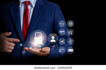 Cybersecurity and data protection key lock concepts internet technology data privacy Businessman working with modern computer keys that protect network connections of business and financial data.