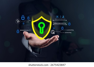 Cybersecurity and data protection network, encryption online threat defense concept with business hand holding digital shield icon securing privacy from hacking risks.