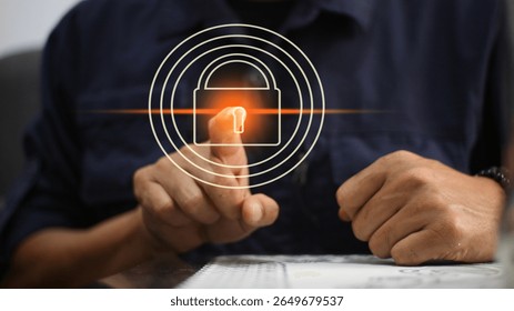 Cybersecurity and data protection on the internet. People touching virtual shields, secure access, encrypted connections. Password protected systems and storage. Cybersecurity technologies