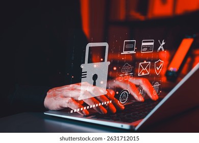 Cybersecurity and Data Protection Technology Concept. Hands typing on a laptop with a padlock icon and security symbols, representing data protection, cyber security, and secure online communication.