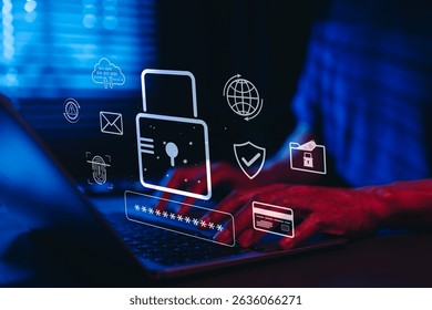 Cybersecurity and Data Protection Technology Concept. Hands typing on a laptop with a padlock icon and security symbols, representing data protection, cyber security, and secure online communication.