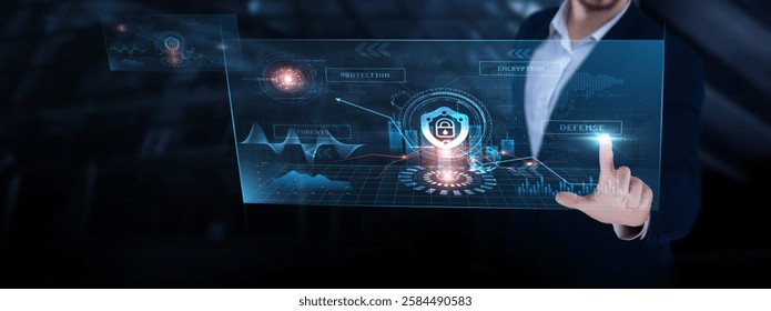 Cybersecurity: Data protection, threat detection, risk management, encryption, firewalls, incident response, compliance. Businessman analyzing cybersecurity progress chart on digital interface.