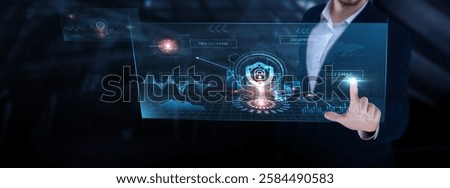Cybersecurity: Data protection, threat detection, risk management, encryption, firewalls, incident response, compliance. Businessman analyzing cybersecurity progress chart on digital interface.
