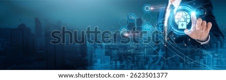 Cybersecurity: Data protection, threat detection, network security, encryption, firewall management, risk assessment, businessman touch cybersecurity network, compliance.