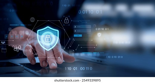 Cybersecurity and digital data protection, digital cybersecurity interface featuring secure login authentication, data protection shield, and encrypted binary code elements.