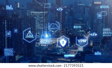 Cybersecurity digital network systems VPN computer security shield icon. AI Information technology protected firewall, secure access encryption against cyber attacks, internet symbol city background.