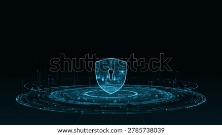 Cybersecurity digital security data protection shield glows above a futuristic data platform with cyan circuitry, secure network details, and dark copy space.