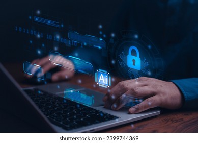 Cybersecurity, digital technology and artificial intelligence AI are concepts associated with data privacy, crime, and internet threats.