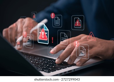 Cybersecurity Document Warning Concept Man Using Laptop With Dangerous Malware File Alert, Data Breach Risks, Hacking Threats, Cyber Threat and Computer Virus Infection in Online Digital System
