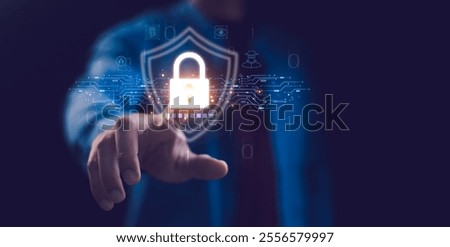 Cybersecurity, encryption, data privacy. Secure connections with icons like padlocks and shields, protection in the virtual world. Secured access to user personal data. Data protection.