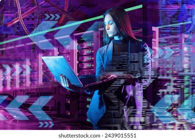 Cybersecurity Expert Analyzing Data in Network Server Room with Digital Interface - Powered by Shutterstock