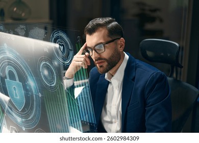 Cybersecurity Expert Analyzing Secure Virtual Data on Futuristic Digital Interface with Innovate Touch.