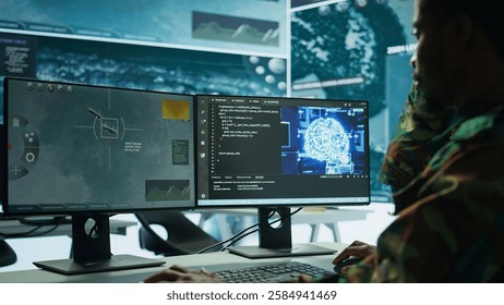 Cybersecurity expert oversees intelligence gathering through AI brain visualization and neural network, algorithms to collect real time data from surveillance systems. Digital science. Camera B.