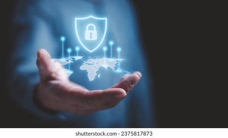 Cybersecurity expert solution to secure network protection and identity login password security. Lock, shield and world map icon secure global Internet access and protect from cybercrime hacker.