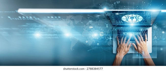 Cybersecurity expert using a laptop with network security data intrusion detection, firewall setup, encryption protocols, vulnerability scanning, threat intelligence, and endpoint protection solutions