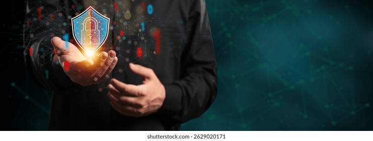Cybersecurity expert's hands gently cradling a glowing digital shield, symbolizing protection against cyber threats.  