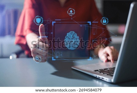 Cybersecurity fingerprint scan symbolizing data protection, privacy, and digital identity verification. Perfect for secure access, technology, and online safety themes.