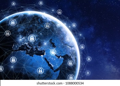 Cybersecurity and global communication, secure data network technology, cyberattack protection for worldwide connections, finance, IoT and cryptocurrencies, planet Earth in space, elements from NASA