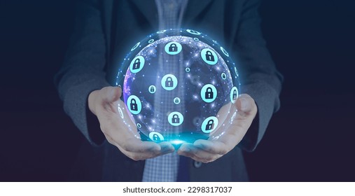 Cybersecurity and global communication, secure data network technology, cyberattack protection for worldwide connections, finance, IoT and cryptocurrencies, privacy lock safety, virtual key encryption