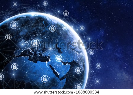 Cybersecurity and global communication, secure data network technology, cyberattack protection for worldwide connections, finance, IoT and cryptocurrencies, planet Earth in space, elements from NASA