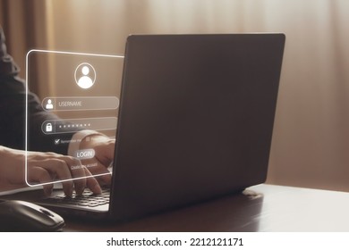 Cybersecurity global network security technology. Businessman login computer system with virtual personal protection password, and encrypted online document database. software for Managing files 