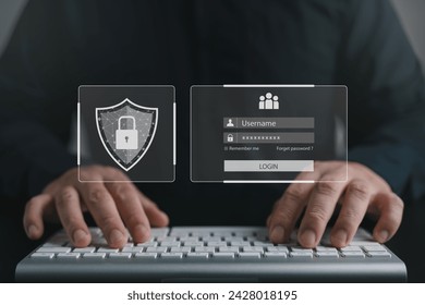 Cybersecurity and global network security technology concept, Log on screen for business people protect personal information. Encryption with key lock interface, internet network and data protection.