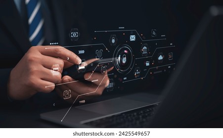 Cybersecurity Global network technology concept. Businessman protect personal information. Encryption with a padlock icon on the virtual interface.Login with laptop to an online account.