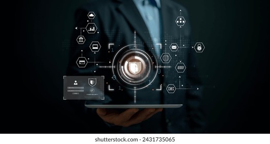Cybersecurity Global network technology concept. Businessman protect personal information. Encryption with a padlock icon on the virtual interface.Login with laptop to an online account.