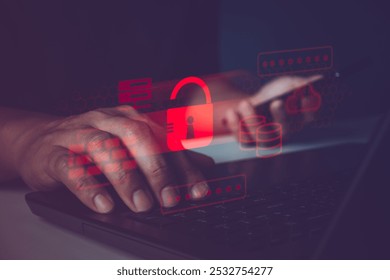 Cybersecurity, Hacker attack. Security breach, system hacked, internet cyber attack alert with red broken padlock. Professional hacker with laptop and smartphone. Online business security technology. - Powered by Shutterstock