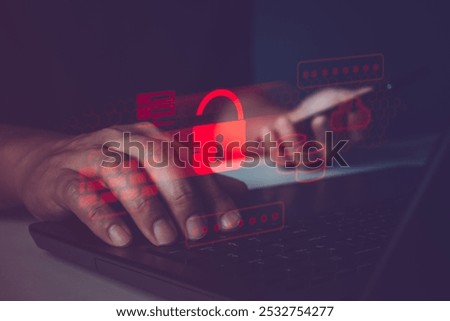 Cybersecurity, Hacker attack. Security breach, system hacked, internet cyber attack alert with red broken padlock. Professional hacker with laptop and smartphone. Online business security technology.