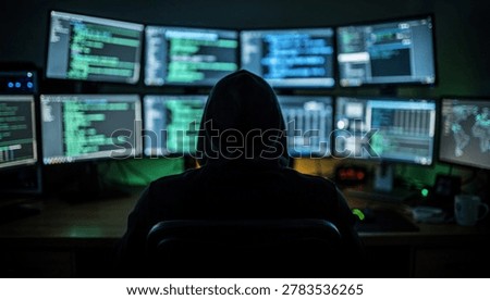 Cybersecurity Hacker Working with Multiple Screens and Code