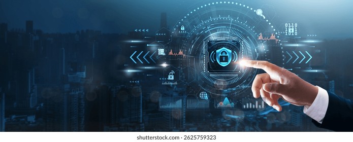 Cybersecurity: Businessman’s hand touching futuristic technological interface, data protection, threat detection, encryption, secure networks, and technology concept.