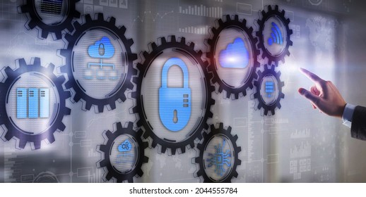 Cybersecurity Icons On Gear Mechanism. Technology Concept