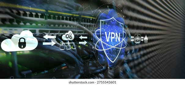 Cybersecurity Infrastructure and VPN Data Protection Visualization with Digital Security Shield.