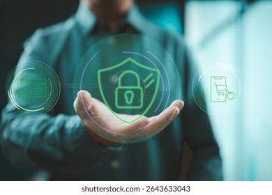 Cybersecurity interface with lock icon over hand