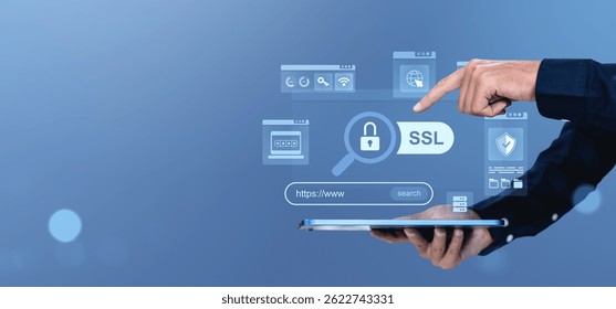 Cybersecurity interface with SSL padlock and browser icons, digital style, blue background. Concept of secure internet and data encryption