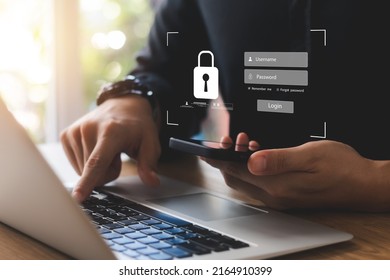 Cybersecurity internet and networking concept. Close up of hand holding smartphone information security and encryption, secure access to user's personal information, secure Internet access. - Shutterstock ID 2164910399