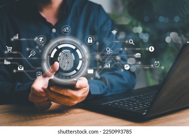 Cybersecurity  and internet technology network concept , Businessman fingerprint scanning on smartphone access security and identification to access personal data management Cyber ​​Security Digital 