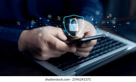 Cybersecurity lock key access and encryption secure access to user's personal information. A businessman using his mobile selects the security icon on the virtual display.