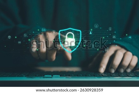 Cybersecurity lock key access and encryption secure access to user's personal information. A businessman using his mobile selects the security icon on the virtual display.