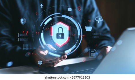 Cybersecurity lock shield interface over hands and laptop, futuristic digital style on dark background, concept of data protection and online safety