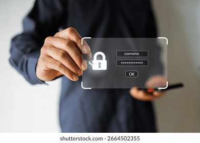 Cybersecurity and login authentication concept. Man entering secure username and password with digital interface, access control, identity verification, and data protection for online safety.