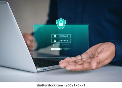 Cybersecurity login form, password and authentication, secure access, identity verification, user interface, data protection, online security, digital login, User showing digital data safety concept