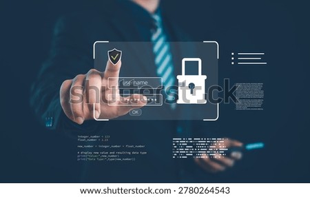 Cybersecurity login interface concept with business professional using biometric verification, password protection, and digital data security for safe online access and identity protection.