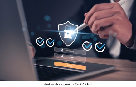 Cybersecurity login interface with a lock shield icon, checkmarks, and secure access fields on laptop, symbolizing data protection, identity verification, and secure user authentication systems.
