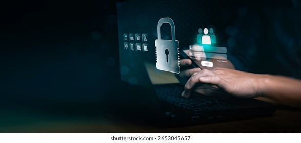 Cybersecurity login interface on laptop and smartphone, user accessing secure system with password authentication, digital data protection, identity verification, encrypted access control technology
