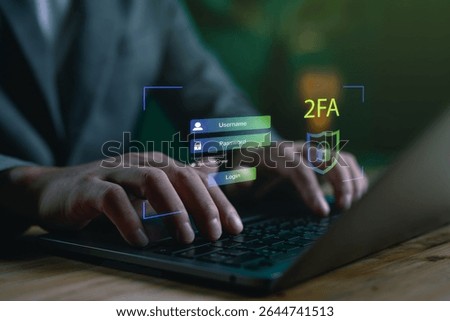 Cybersecurity login interface with two-factor authentication (2FA), highlighting username, password and data protection, perfect for illustrating secure access and digital identity safety.