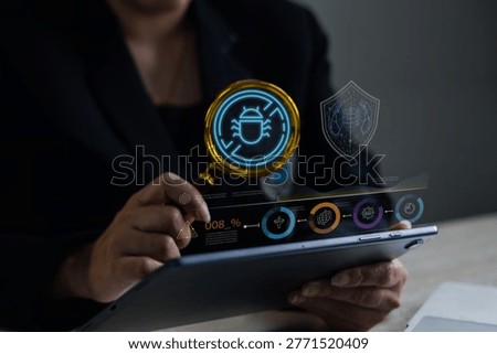 Cybersecurity malware detection on tablet with bug icon, shield and analytics dashboard showing digital threat monitoring and data protection.